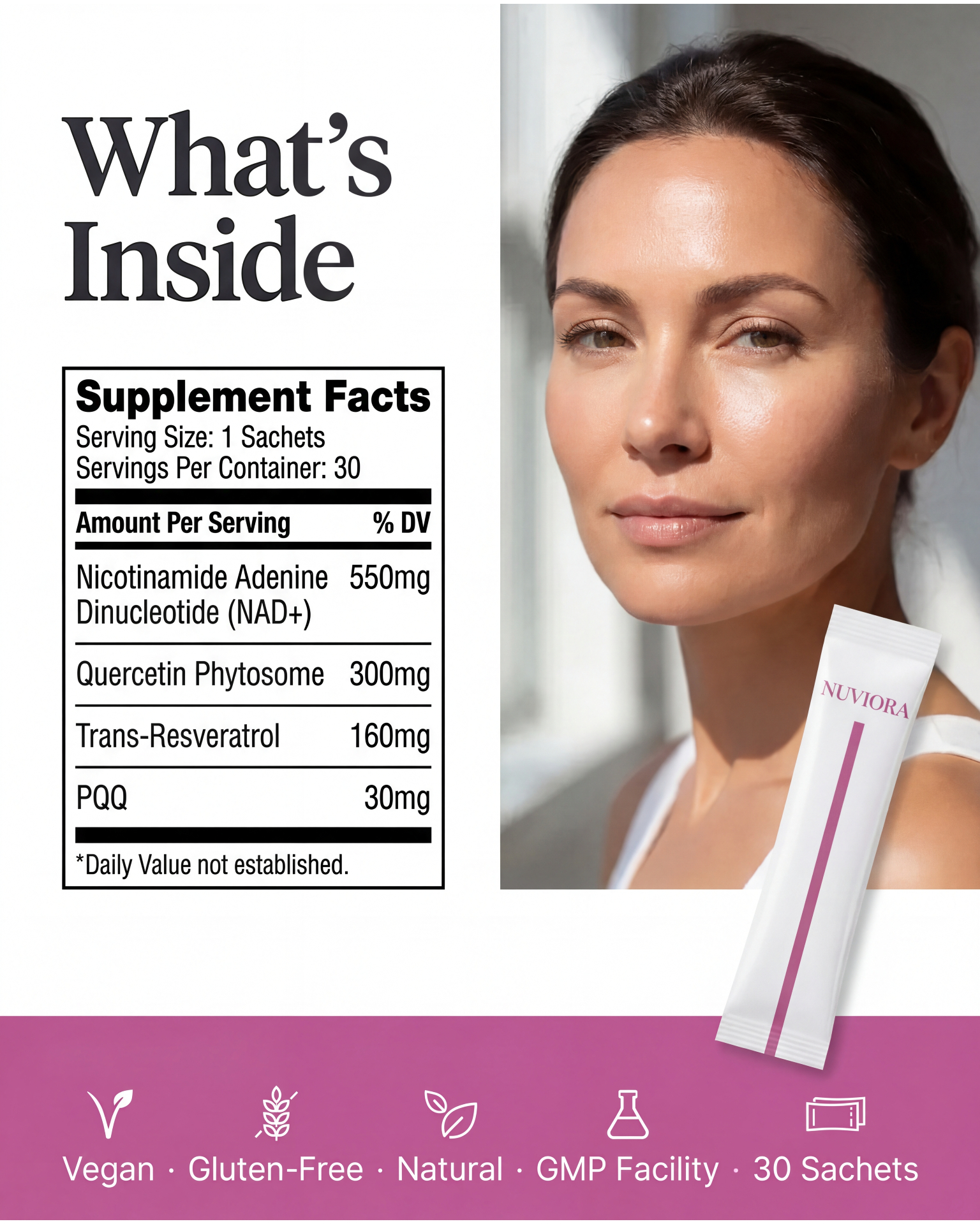 What's inside NUVIORA - Supplement Facts: NAD+, Quercetin Phytosome, Trans-Resveratrol, PQQ